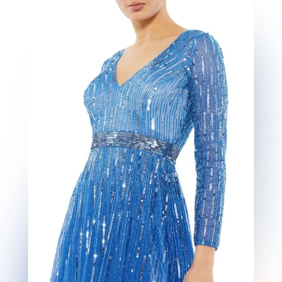Mac Duggal Light Blue Sequin Tea-Length V-Neck Long Sleeve Formal Dress 22 *NOTE - Picture 15 of 16